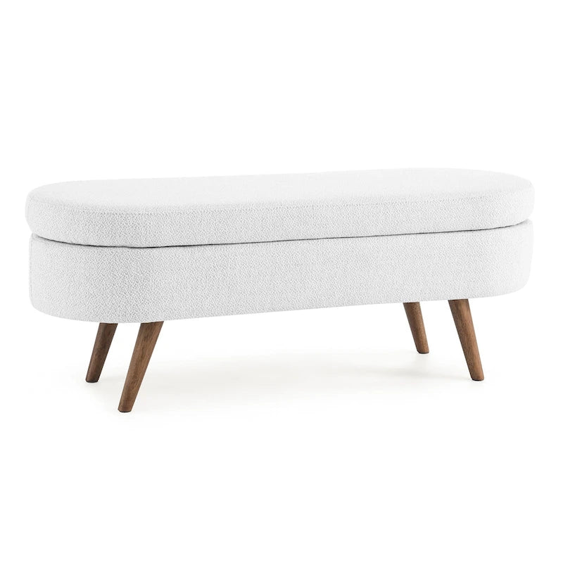 Pouffe de rangement ovale – Tissu plissé, pieds en bois d'hévéa (beige / blanc / gris), 2 places