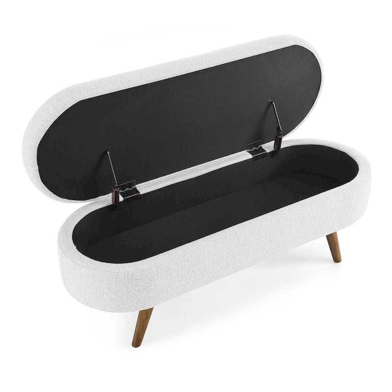 Pouffe de rangement ovale – Tissu plissé, pieds en bois d'hévéa (beige / blanc / gris), 2 places