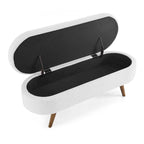 Pouffe de rangement ovale – Tissu plissé, pieds en bois d'hévéa (beige / blanc / gris), 2 places