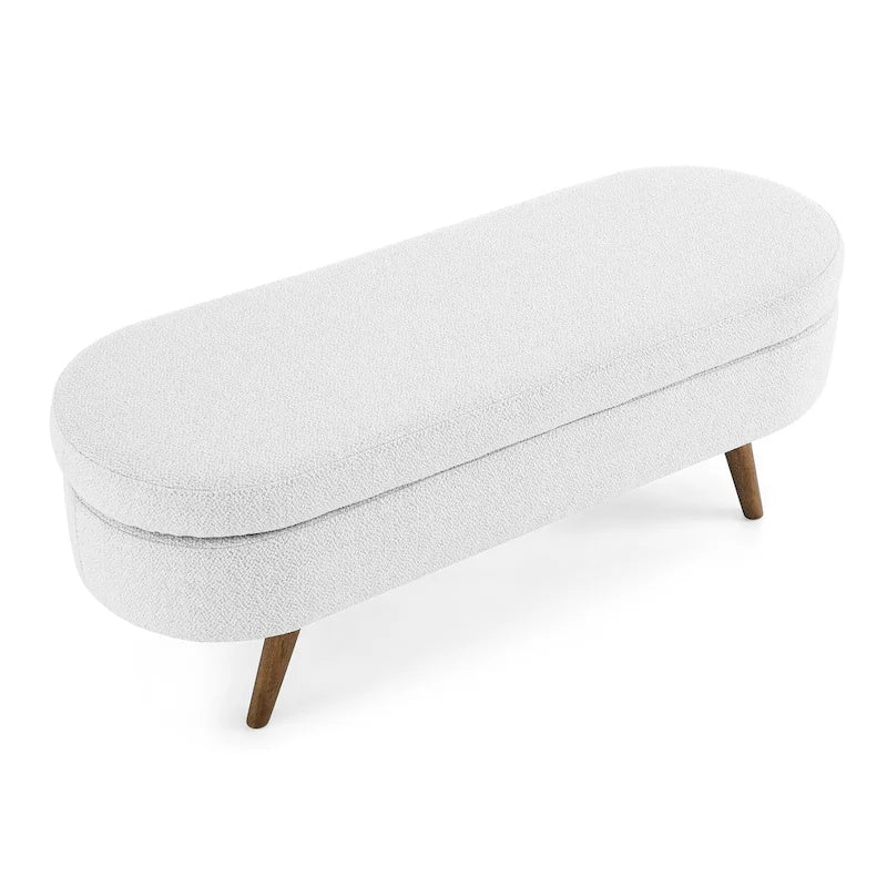 Pouffe de rangement ovale – Tissu plissé, pieds en bois d'hévéa (beige / blanc / gris), 2 places