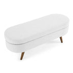 Pouffe de rangement ovale – Tissu plissé, pieds en bois d'hévéa (beige / blanc / gris), 2 places