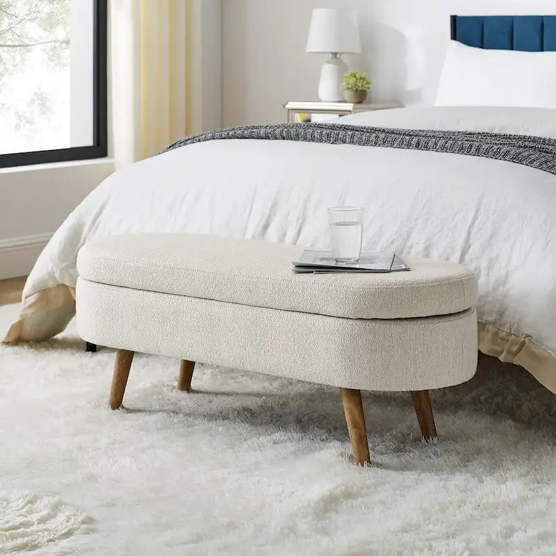 Pouffe de rangement ovale – Tissu plissé, pieds en bois d'hévéa (beige / blanc / gris), 2 places