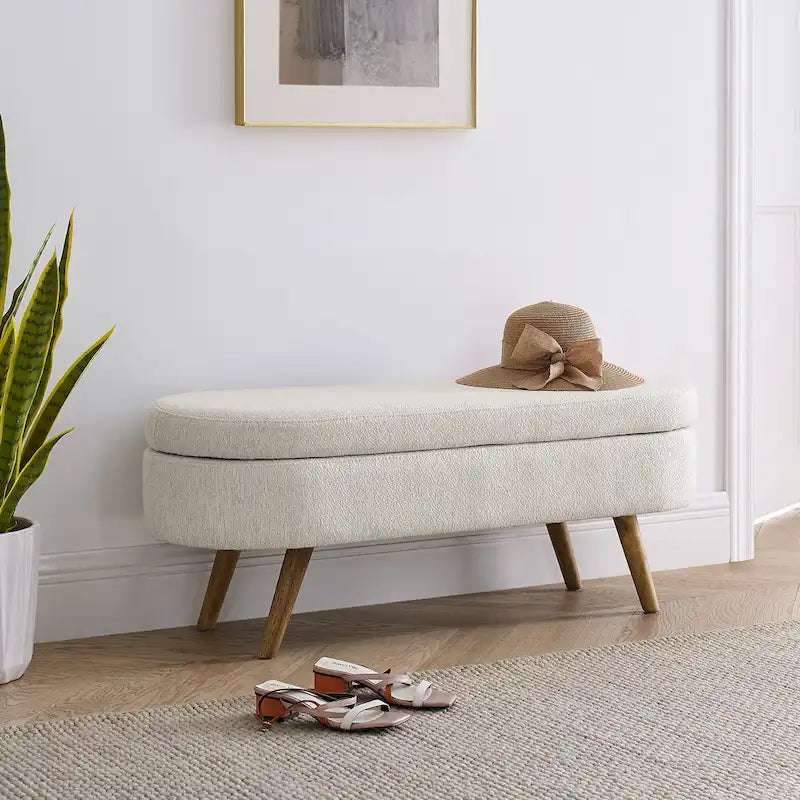 Pouffe de rangement ovale – Tissu plissé, pieds en bois d'hévéa (beige / blanc / gris), 2 places
