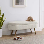 Pouffe de rangement ovale – Tissu plissé, pieds en bois d'hévéa (beige / blanc / gris), 2 places
