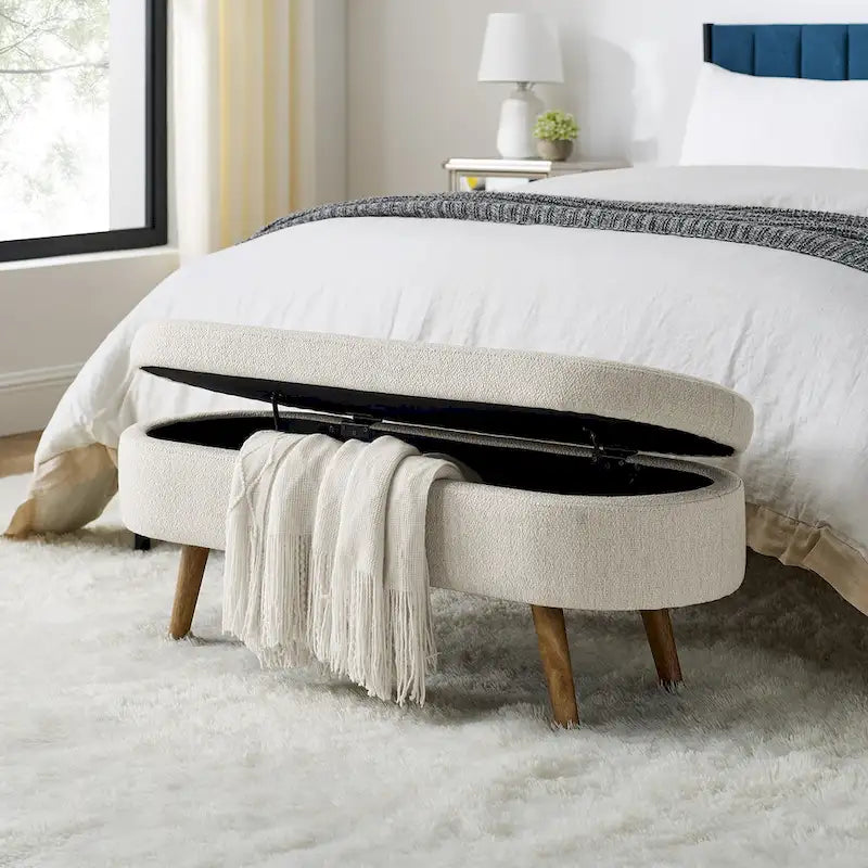 Pouffe de rangement ovale – Tissu plissé, pieds en bois d'hévéa (beige / blanc / gris), 2 places