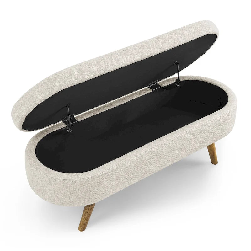 Pouffe de rangement ovale – Tissu plissé, pieds en bois d'hévéa (beige / blanc / gris), 2 places