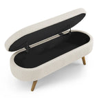 Pouffe de rangement ovale – Tissu plissé, pieds en bois d'hévéa (beige / blanc / gris), 2 places