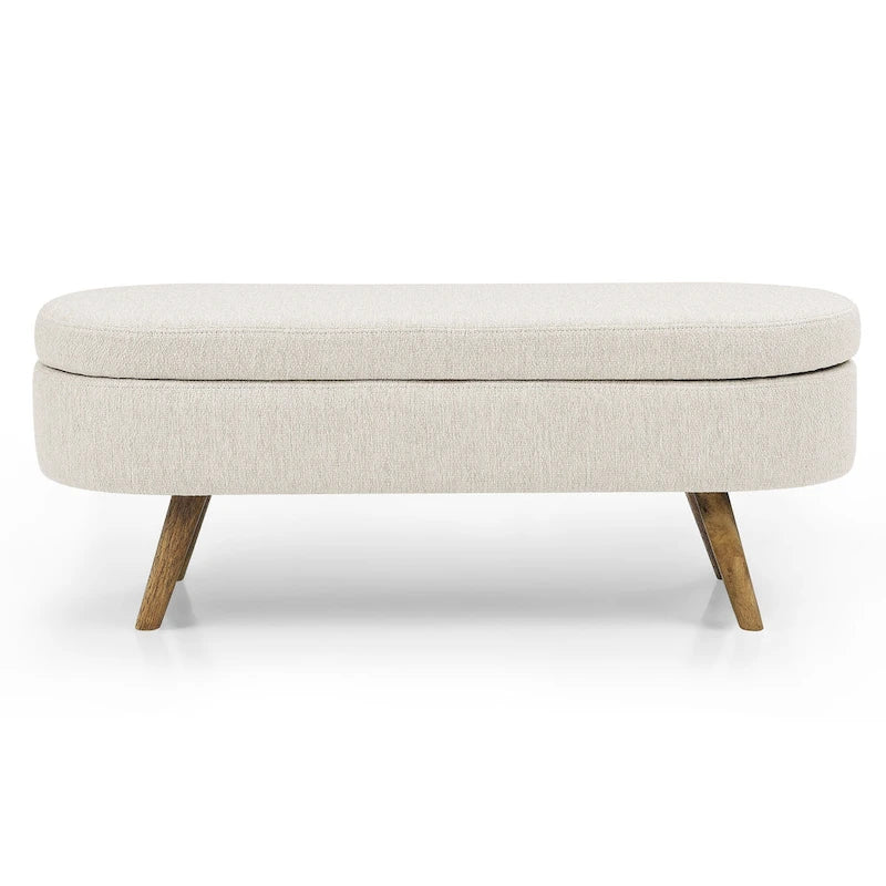 Pouffe de rangement ovale – Tissu plissé, pieds en bois d'hévéa (beige / blanc / gris), 2 places