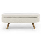 Pouffe de rangement ovale – Tissu plissé, pieds en bois d'hévéa (beige / blanc / gris), 2 places
