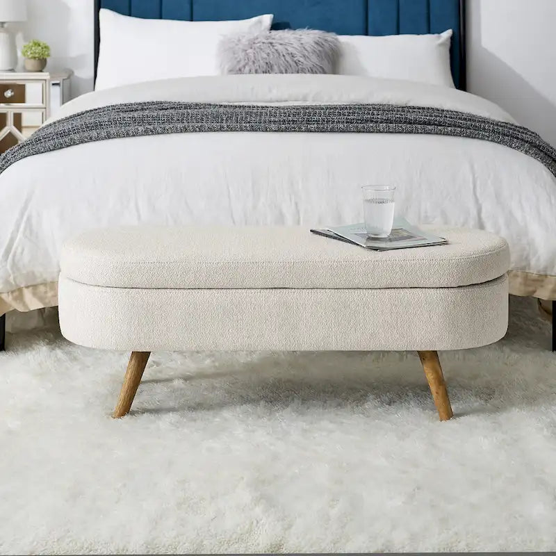 Pouffe de rangement ovale – Tissu plissé, pieds en bois d'hévéa (beige / blanc / gris), 2 places