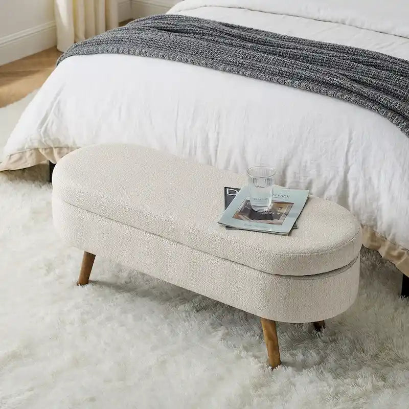 Pouffe de rangement ovale – Tissu plissé, pieds en bois d'hévéa (beige / blanc / gris), 2 places
