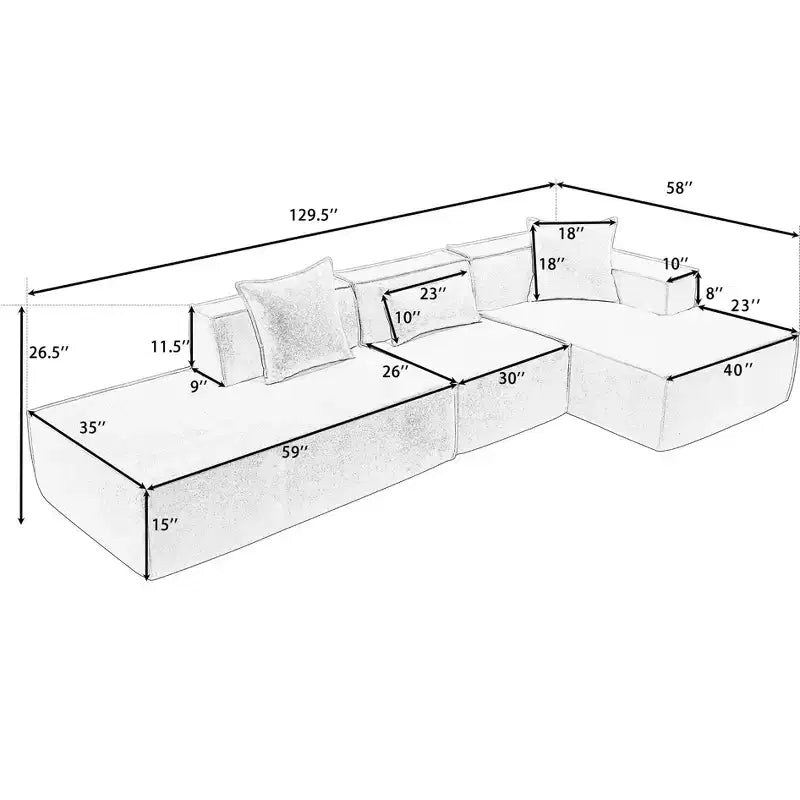 Canapé sectionnel modulaire 129,5W, canapé en forme de L, minimaliste, installation libre, bloc de tofu 4L -ModernLuxe