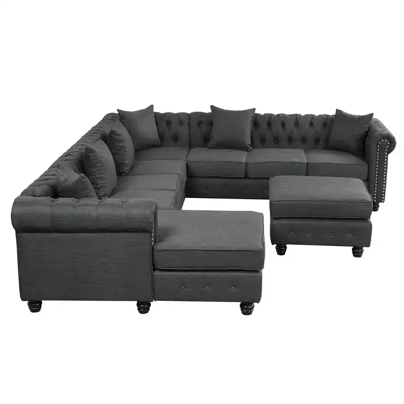 Canapé d'angle en lin 7 places en forme de U, grand canapé d'angle avec accoudoirs roulés de 132 cm et pouf - Morden Fort
