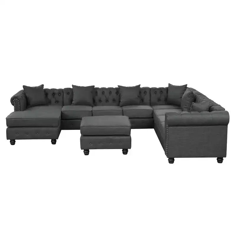 Canapé d'angle en lin 7 places en forme de U, grand canapé d'angle avec accoudoirs roulés de 132 cm et pouf - Morden Fort