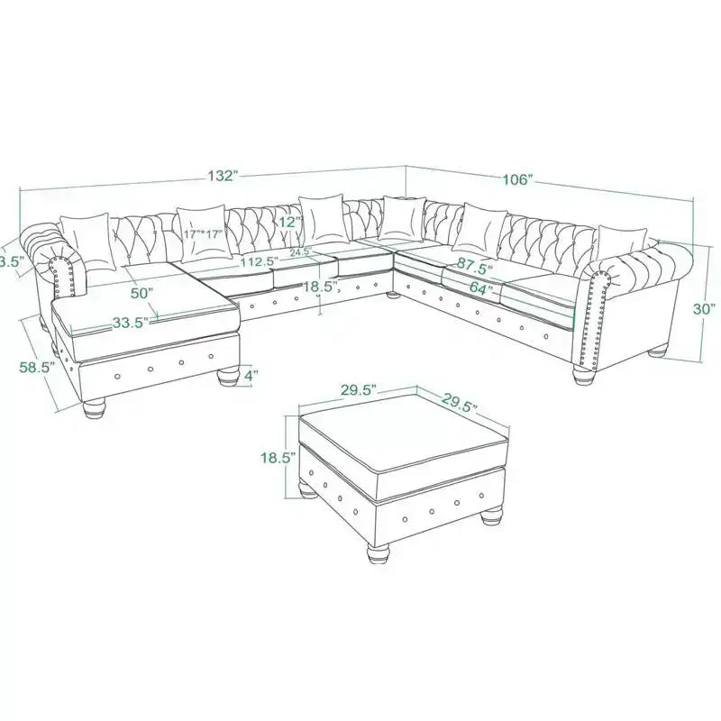 Canapé d'angle en lin 7 places en forme de U, grand canapé d'angle avec accoudoirs roulés de 132 cm et pouf - Morden Fort