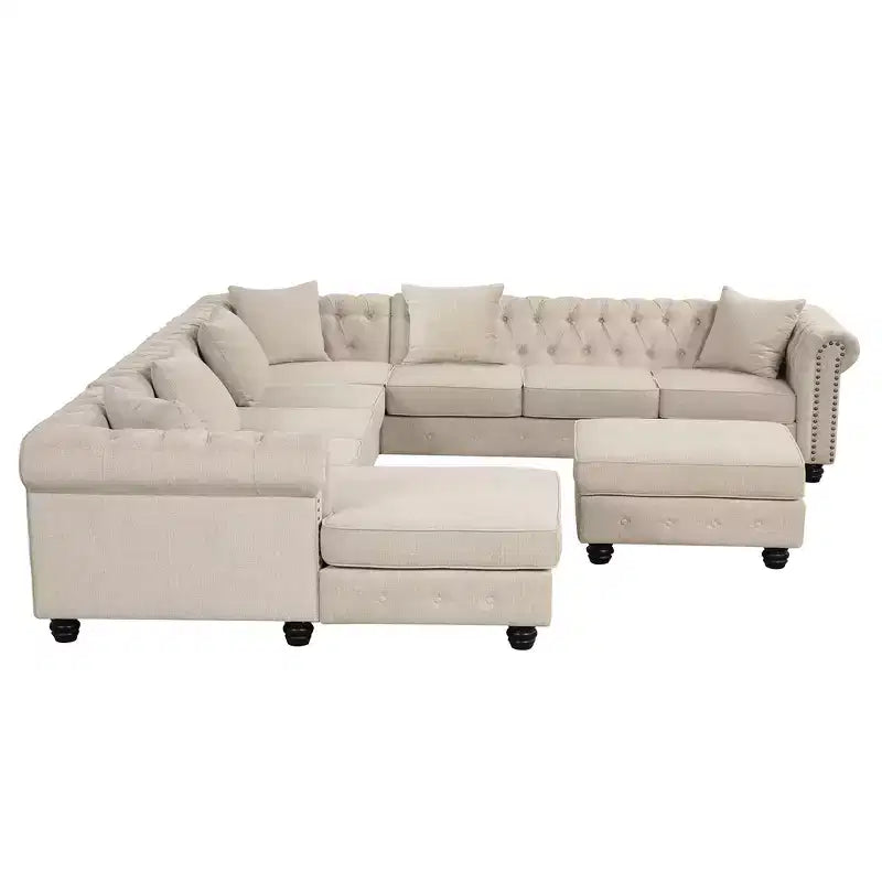 Canapé d'angle en lin 7 places en forme de U, grand canapé d'angle avec accoudoirs roulés de 132 cm et pouf - Morden Fort
