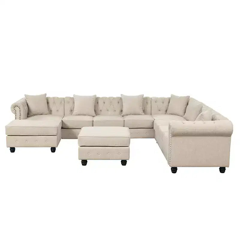 Canapé d'angle en lin 7 places en forme de U, grand canapé d'angle avec accoudoirs roulés de 132 cm et pouf - Morden Fort
