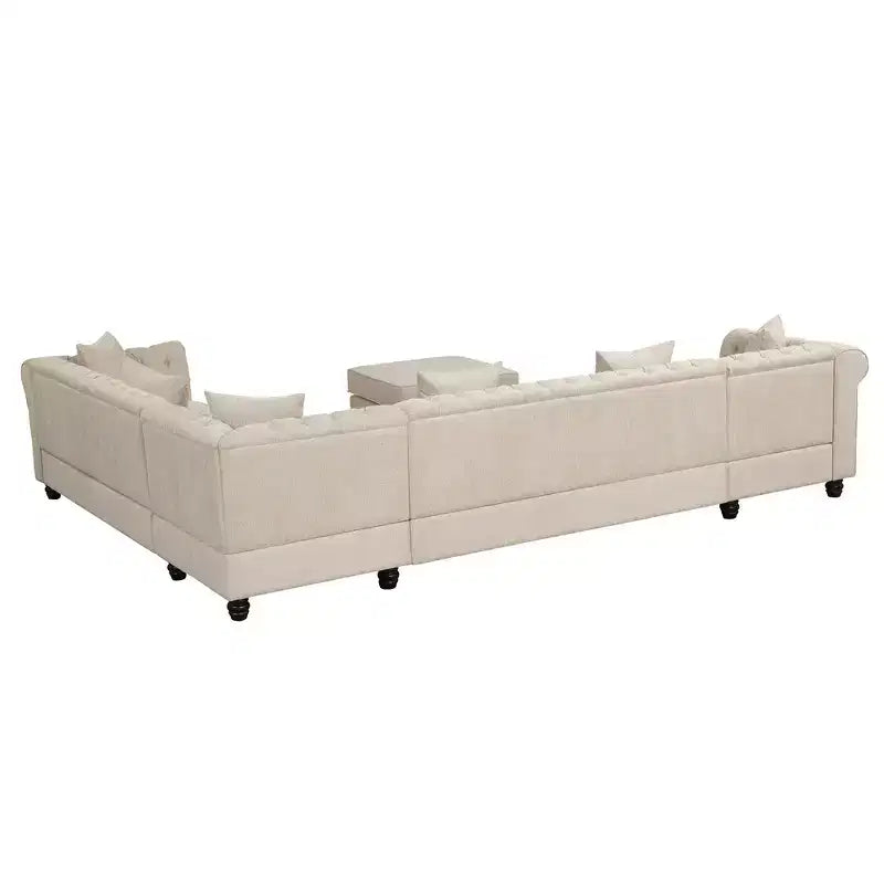 Canapé d'angle en lin 7 places en forme de U, grand canapé d'angle avec accoudoirs roulés de 132 cm et pouf - Morden Fort