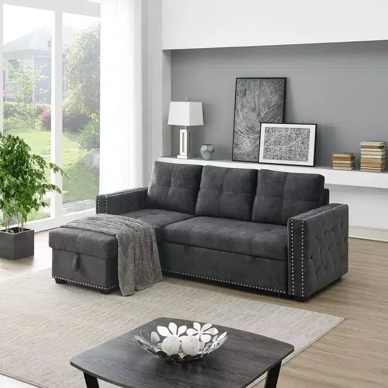 Canapé-lit d'angle en velours capitonné avec méridienne de rangement réversible - Morden Fort