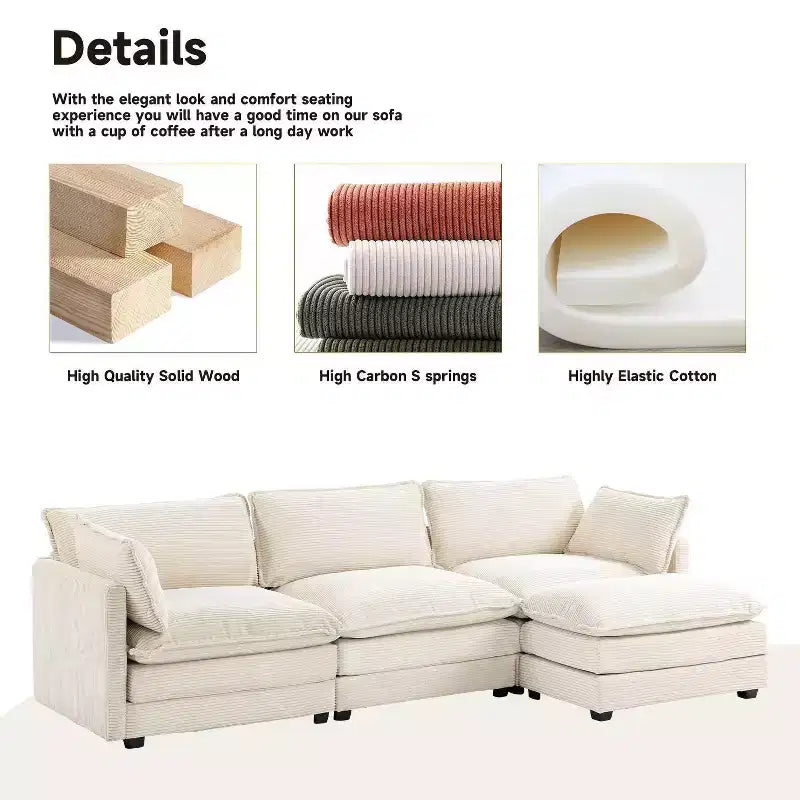 Canapé sectionnel moderne 4 pièces Likepay en velours côtelé de 284 cm de large avec ottoman
