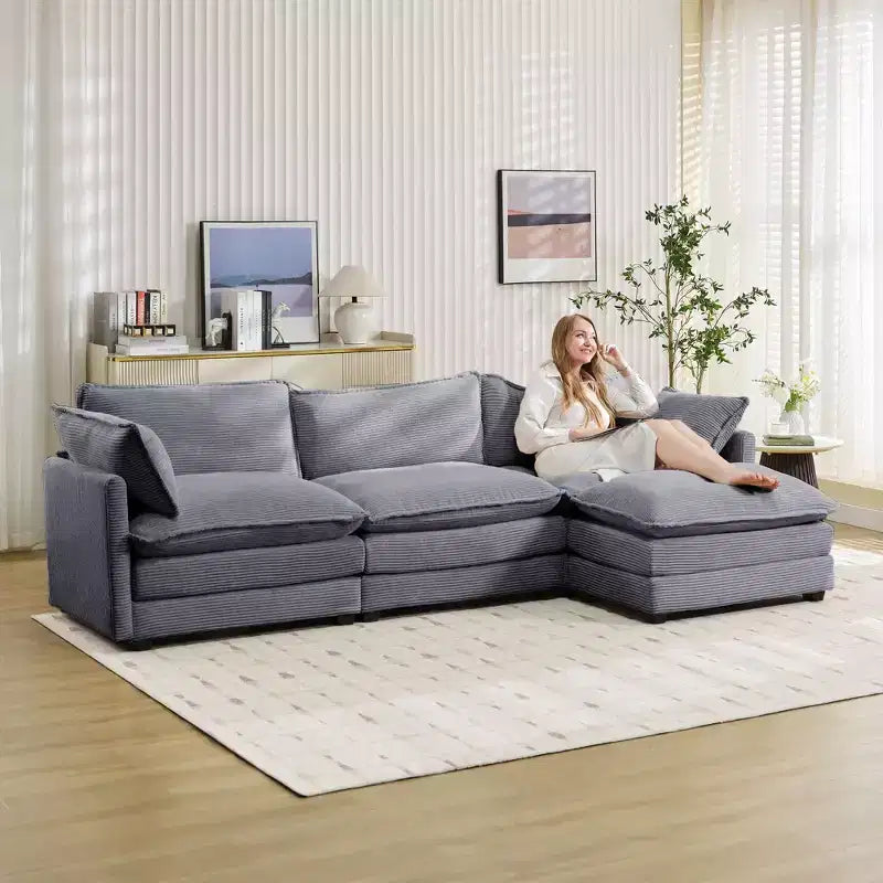 Canapé sectionnel moderne 4 pièces Likepay en velours côtelé de 284 cm de large avec ottoman