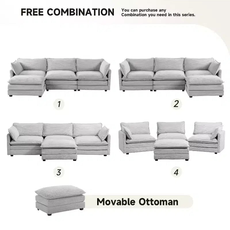 Canapé sectionnel moderne 4 pièces Likepay en velours côtelé de 284 cm de large avec ottoman
