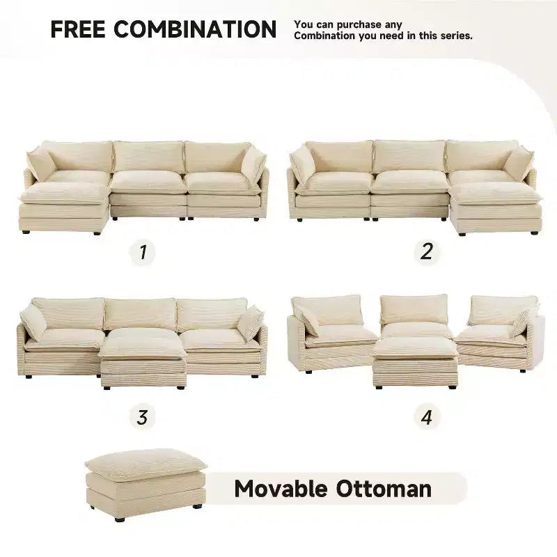 Canapé sectionnel moderne 4 pièces Likepay en velours côtelé de 284 cm de large avec ottoman