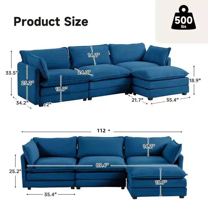Canapé sectionnel moderne 4 pièces Likepay en velours côtelé de 284 cm de large avec ottoman