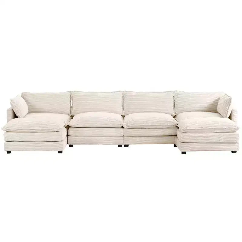 Hyleory Canapé d'angle moderne 6 places en velours côtelé de 373 cm de large avec deux ottomans