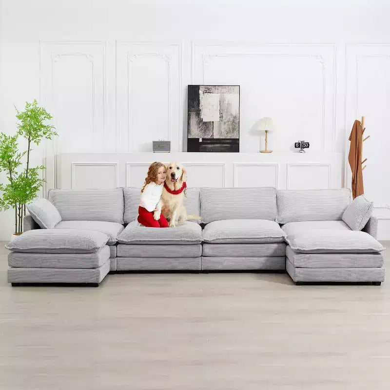 Hyleory Canapé d'angle moderne 6 places en velours côtelé de 373 cm de large avec deux ottomans