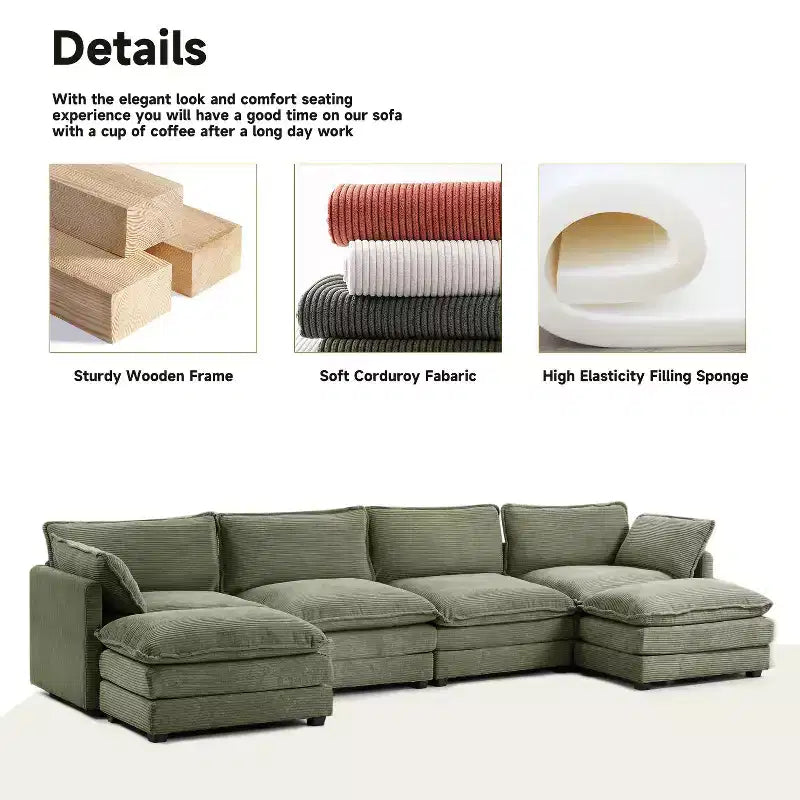 Hyleory Canapé d'angle moderne 6 places en velours côtelé de 373 cm de large avec deux ottomans