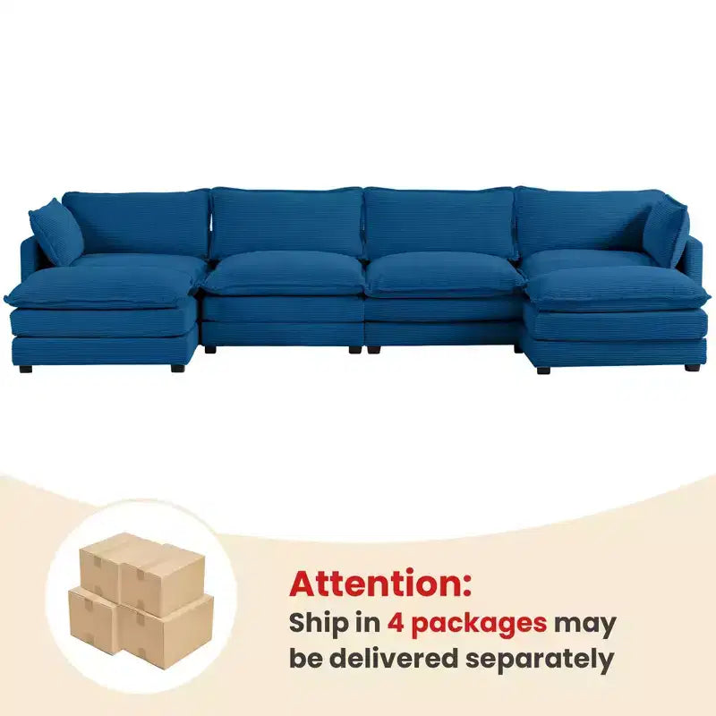 Hyleory Canapé d'angle moderne 6 places en velours côtelé de 373 cm de large avec deux ottomans