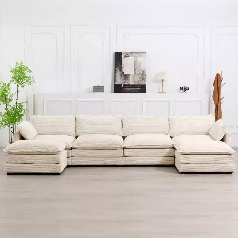 Hyleory Canapé d'angle moderne 6 places en velours côtelé de 373 cm de large avec deux ottomans