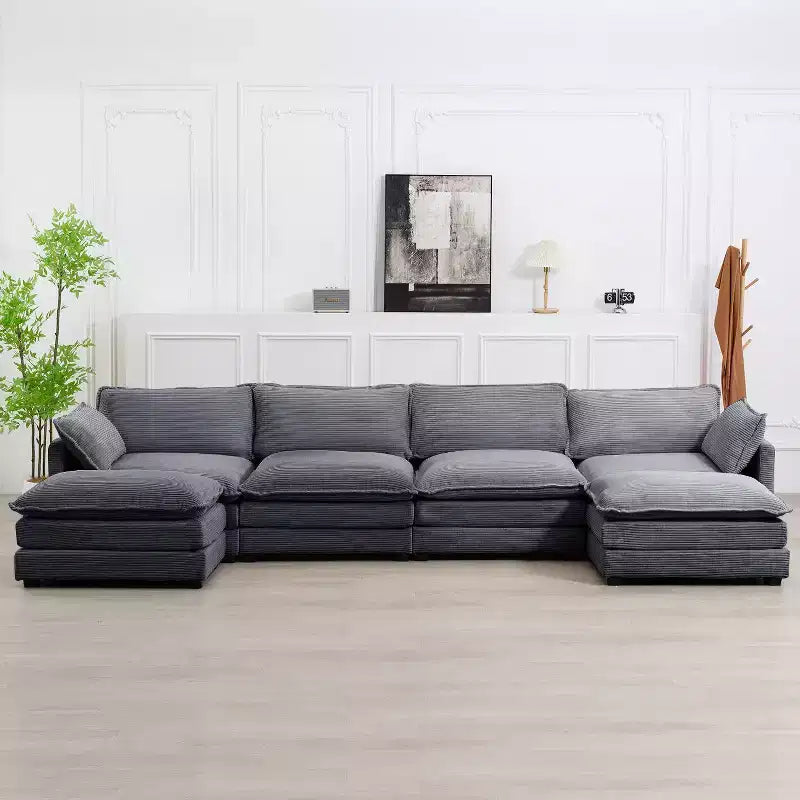 Hyleory Canapé d'angle moderne 6 places en velours côtelé de 373 cm de large avec deux ottomans