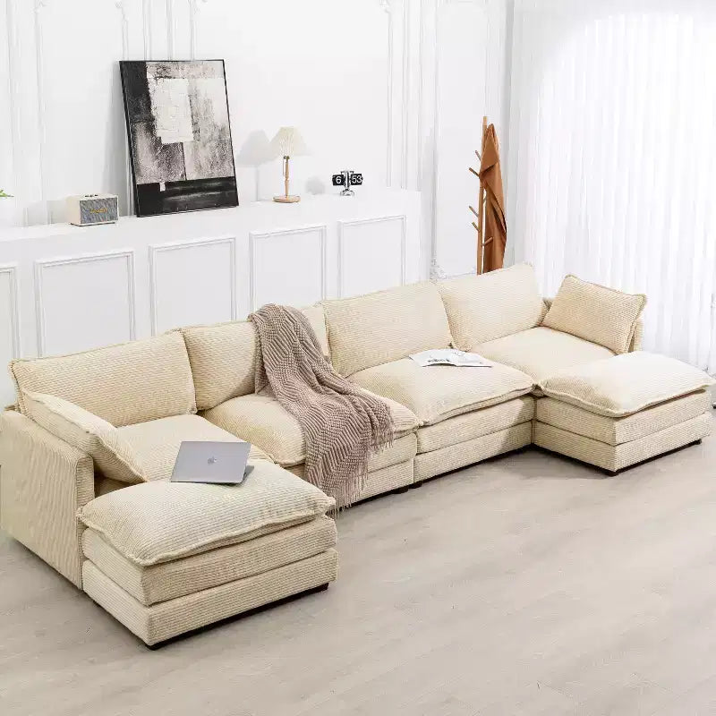 Hyleory Canapé d'angle moderne 6 places en velours côtelé de 373 cm de large avec deux ottomans