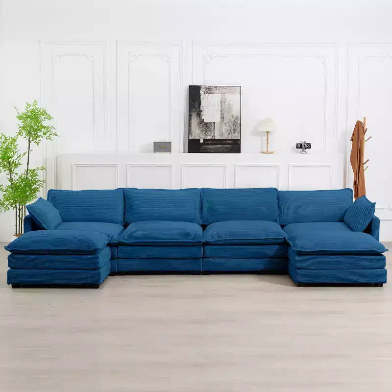 Hyleory Canapé d'angle moderne 6 places en velours côtelé de 373 cm de large avec deux ottomans