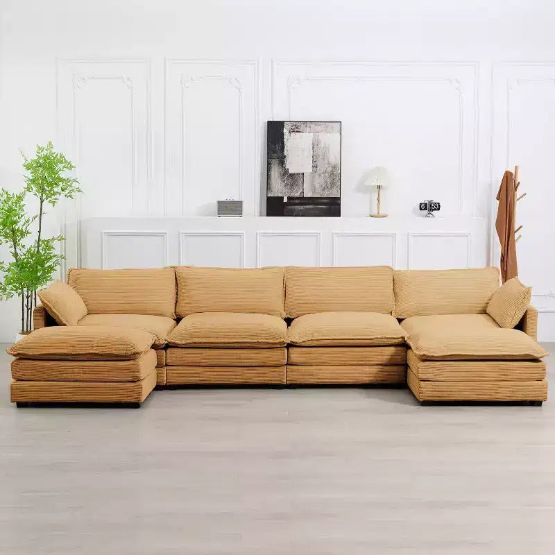 Hyleory Canapé d'angle moderne 6 places en velours côtelé de 373 cm de large avec deux ottomans