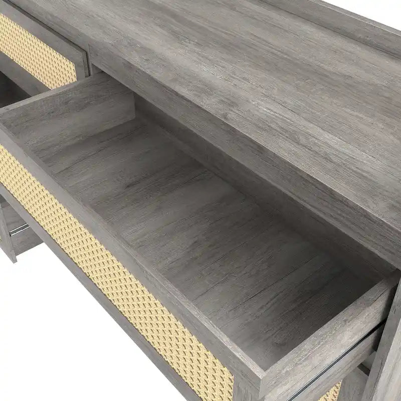 Commode 6 tiroirs en rotin noir/chêne gris vintage, 160 cm de large