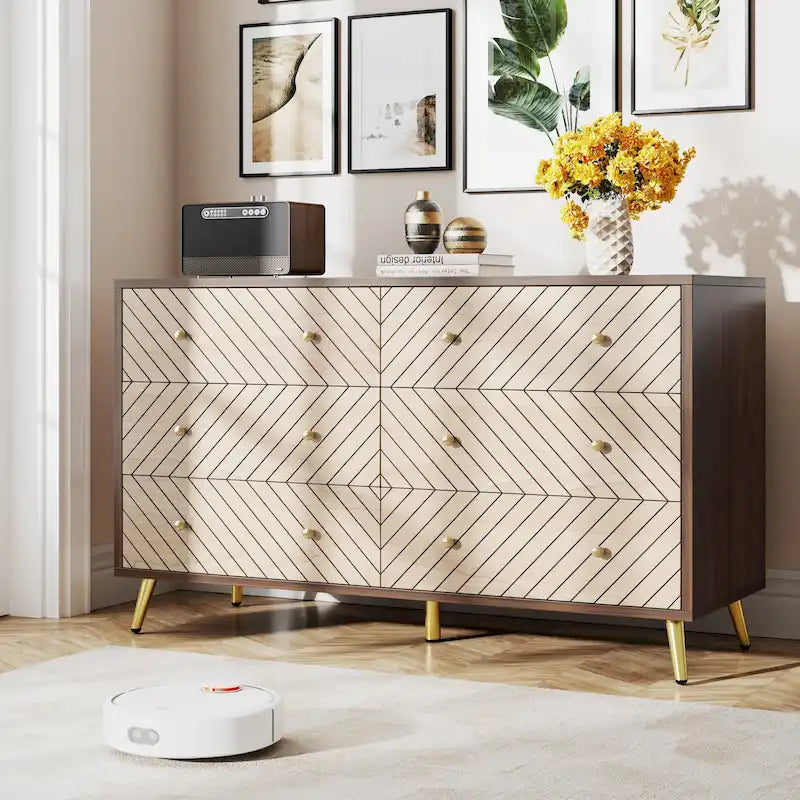 Commode 6 tiroirs marron/blanc avec pieds en métal, assemblage 1 personne