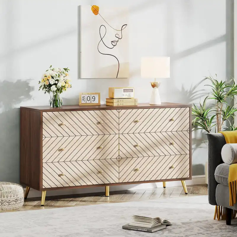 Commode 6 tiroirs marron/blanc avec pieds en métal, assemblage 1 personne