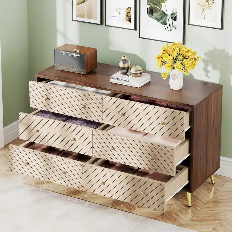 Commode 6 tiroirs marron/blanc avec pieds en métal, assemblage 1 personne