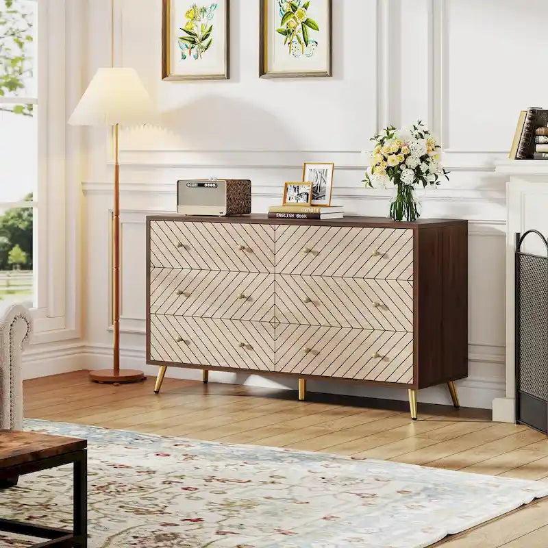 Commode 6 tiroirs marron/blanc avec pieds en métal, assemblage 1 personne