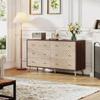 Commode 6 tiroirs marron/blanc avec pieds en métal, assemblage 1 personne