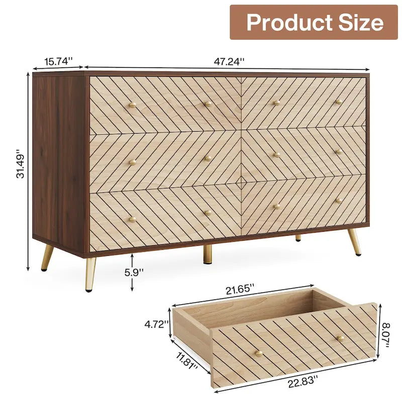 Commode 6 tiroirs marron/blanc avec pieds en métal, assemblage 1 personne