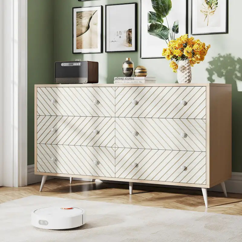 Commode 6 tiroirs marron/blanc avec pieds en métal, assemblage 1 personne