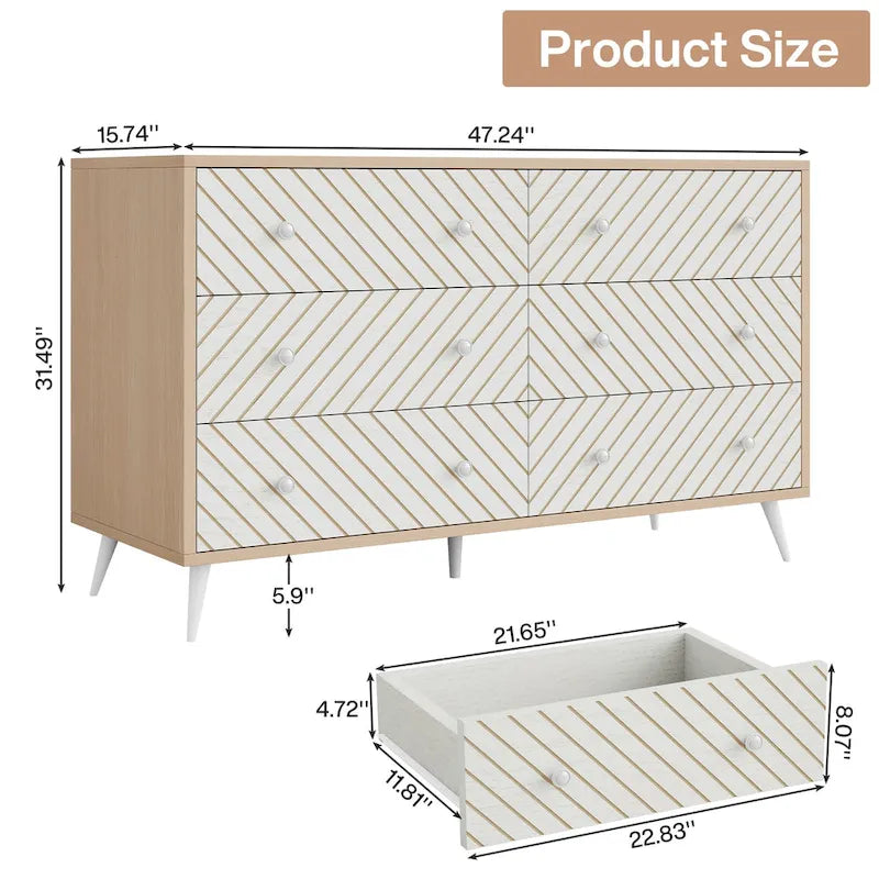 Commode 6 tiroirs marron/blanc avec pieds en métal, assemblage 1 personne
