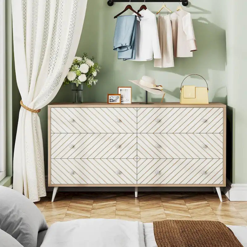 Commode 6 tiroirs marron/blanc avec pieds en métal, assemblage 1 personne