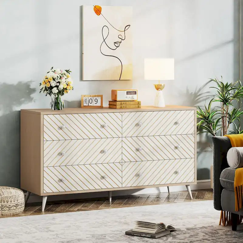 Commode 6 tiroirs marron/blanc avec pieds en métal, assemblage 1 personne