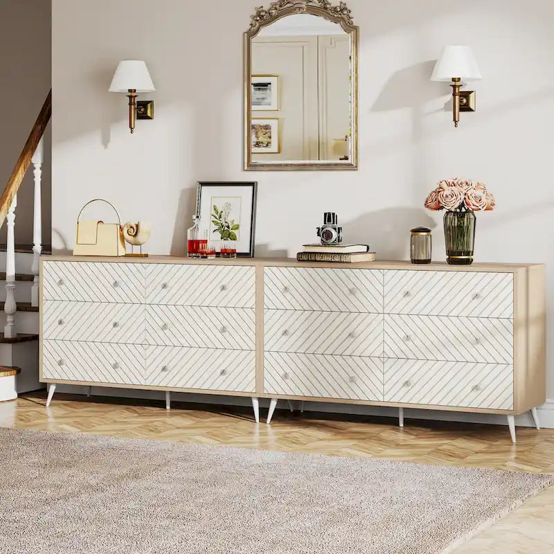 Commode 6 tiroirs marron/blanc avec pieds en métal, assemblage 1 personne