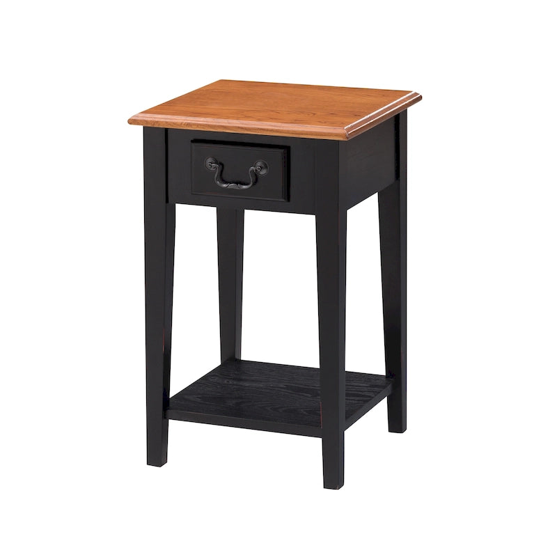 Table d'appoint carrée à un tiroir et étagère inférieure chêne moyen / noir ardoise / blanc